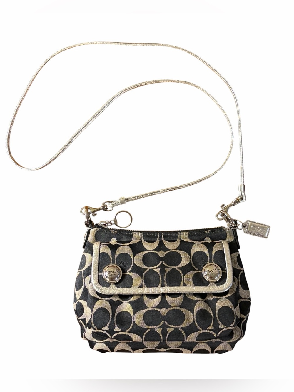 Coach Poppy Signature Pleated Crossbody Bag Black/Grey Metallic Silver